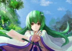 Rule 34 | 1girl, absurdres, blue sky, blurry, concentrating, day, depth of field, detached sleeves, floating, floating hair, floating object, forest, frog hair ornament, gohei, green hair, hair ornament, hair tubes, highres, hoshino arika, kochiya sanae, light rays, long hair, looking at viewer, nature, nontraditional miko, oonusa, open hand, sky, sleeveless, solo, stance, sunlight, touhou, tree, upper body, very long hair, yellow eyes