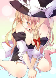 Rule 34 | 1girl, bad id, bad pixiv id, blonde hair, braid, breasts, cleavage, female focus, hat, kirisame marisa, long hair, medium breasts, shie, shie (m417), solo, touhou, witch, witch hat, yellow eyes