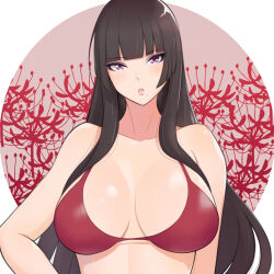 Rule 34 | 1girl, bare shoulders, bikini, black hair, blunt bangs, breasts, cleavage, collarbone, dead or alive, dead or alive xtreme, eyeshadow, flower, konishiki (52siki), large breasts, long hair, looking at viewer, makeup, mole, mole under mouth, nyotengu, open clothes, purple eyeshadow, red bikini, sidelocks, solo, spider lily, swimsuit, upper body, very long hair