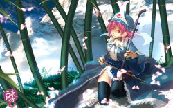 Rule 34 | 1girl, bad id, bad pixiv id, bamboo, bamboo forest, blue hat, bug, butterfly, cloud, erhu, female focus, forest, grass, hat, insect, instrument, japanese clothes, katou taira, kneeling, mountain, nature, pink hair, red eyes, saigyouji yuyuko, scenery, short hair, sky, solo, thighhighs, touhou