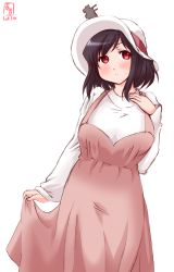 Rule 34 | 1girl, absurdres, alternate costume, black hair, brown dress, commentary request, cowboy shot, dated, dress, hair ornament, hand on own chest, hat, highres, kanon (kurogane knights), kantai collection, logo, looking at viewer, red eyes, short hair, simple background, solo, sweater, white background, white sweater, yamashiro (kancolle)