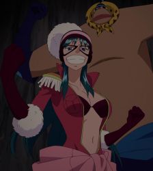 Rule 34 | 1girl, blue eyes, blue hair, breasts, gloves, hamburg, hat, highres, long hair, navel, one piece, open clothes, open shirt, porche (one piece), screencap, shirt, stitched, third-party edit