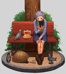 Rule 34 | 10s, 1girl, bad id, bad twitter id, bench, bird, book, commentary request, drop trap, highres, holding, holding book, idolmaster, idolmaster million live!, light purple hair, makabe mizuki, open book, pigeon, reading, short hair, sitting, skirt, sweater vest, tree