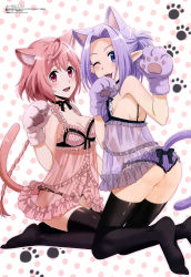 Rule 34 | 2girls, :d, ;d, absurdres, animal ears, animal hands, black legwear, breasts, cat ears, cat tail, cleavage, copyright name, feet, flower, gloves, highres, imahashi asuna, kneeling, lilac (netojuu no susume), lily (netojuu no susume), lingerie, long hair, looking at viewer, medium breasts, megami magazine, multiple girls, negligee, netojuu no susume, no shoes, official art, one eye closed, open mouth, panties, paw gloves, pink hair, pink panties, pointy ears, polka dot, polka dot background, purple flower, purple hair, purple panties, red eyes, see-through, shiny clothes, short hair, sideboob, smile, striped clothes, striped panties, tail, thighhighs, underwear, vertical-striped clothes, vertical-striped panties