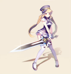Rule 34 | &gt;:(, 1girl, 4b, blonde hair, blush, boots, braid, closed mouth, fingerless gloves, frown, full body, gloves, hat, holding, holding sword, holding weapon, legs apart, long hair, original, peaked cap, red eyes, sailor collar, short sleeves, silhouette, simple background, solo, standing, swept bangs, sword, thigh boots, thighhighs, twin braids, twintails, v-shaped eyebrows, very long hair, weapon, white gloves, white thighhighs