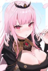 Rule 34 | 1girl, :i, armlet, black dress, black nails, blush, breasts, circlet, cleavage, cleavage cutout, closed mouth, clothing cutout, commentary request, dress, gradient background, highres, holding, holding petal, hololive, hololive english, holomyth, houshou marine (artist), large breasts, long hair, mori calliope, nail polish, petals, pink eyes, pink hair, pout, shoulder spikes, simple background, solo, spikes, tiara, tsurime, upper body, veil, virtual youtuber