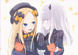 Rule 34 | 2girls, abigail williams (fate), black bow, black headwear, blonde hair, blue eyes, blush, bow, commentary request, dress, fate/grand order, fate (series), hair bow, hat, lavinia whateley (fate), long hair, long sleeves, looking at viewer, multiple girls, multiple hair bows, hugging object, orange bow, parted bangs, polka dot, polka dot bow, sato (r017xts117), sleeves past fingers, sleeves past wrists, stuffed animal, stuffed toy, teddy bear, very long hair