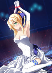 Rule 34 | 1girl, ahoge, armpits, arms up, artoria pendragon (all), artoria pendragon (fate), bare shoulders, bdsm, blonde hair, blush, bondage, bound, breasts, covered navel, dress, dutch angle, elbow gloves, fate/stay night, fate (series), female focus, gloves, green eyes, hair ribbon, high heels, highres, long hair, looking at viewer, mimelex, official alternate costume, open mouth, ponytail, ribbon, saber (fate), sitting, solo, strapless, strapless dress, thighhighs, wariza, white dress, white gloves, white thighhighs