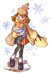 Rule 34 | 1girl, :d, alternate costume, arutarika (ri kaoekaki), bag, brown coat, brown headwear, buttons, coat, commentary request, creatures (company), eyelashes, fur-trimmed coat, fur trim, game freak, gen 3 pokemon, grey eyes, hat, highres, holding, long sleeves, looking down, may (pokemon), nintendo, open mouth, pantyhose, pokemon, pokemon (creature), pokemon oras, scarf, shoes, smile, snowflakes, socks, standing, torchic, white background, white socks