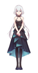 Rule 34 | 1girl, bare arms, black dress, black flower, black footwear, black pantyhose, breasts, cleavage, closed mouth, collarbone, dress, flower, full body, grey eyes, grey hair, hair between eyes, highres, konno junko, layered dress, long hair, looking at viewer, low twintails, medium breasts, pantyhose, ren fuzi, simple background, sleeveless, sleeveless dress, smile, solo, standing, twintails, very long hair, white background, zombie land saga