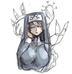 Rule 34 | 1girl, bayonetto, blonde hair, breasts, closed eyes, double (skullgirls), hand on own face, highres, large breasts, monster girl, nun, open mouth, sketch, skullgirls, solo, veins