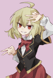 Rule 34 | 1girl, ahoge, akuma no riddle, black jacket, black sleeves, blazer, blonde hair, bow, bowtie, buttons, collared jacket, collared shirt, commentary request, double v, eyelashes, gold trim, grin, hand on own head, hashiri nio, jacket, layered sleeves, long sleeves, looking at viewer, medium hair, miniskirt, minoru minoru, open mouth, pink background, red bow, red bowtie, red eyes, red skirt, shirt, short over long sleeves, short sleeves, skirt, smile, solo, teeth, v, v-neck, v-shaped eyebrows, white shirt, white sleeves