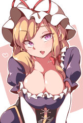 Rule 34 | 1girl, :d, absurdres, blonde hair, blush, bow, breasts, cleavage, commentary request, corset, dress, elbow gloves, frills, gloves, gokuu (acoloredpencil), hair bow, hat, hat ribbon, heart, highres, large breasts, long hair, looking at viewer, mob cap, open mouth, outline, pink background, puffy short sleeves, puffy sleeves, purple dress, purple eyes, red bow, red ribbon, ribbon, short sleeves, sidelocks, smile, solo, swept bangs, touhou, two-tone background, upper body, white background, white gloves, white hat, white outline, yakumo yukari