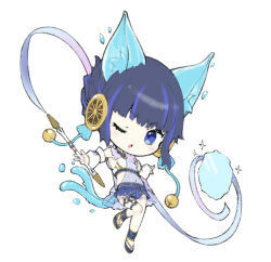1girl animal_ear_fluff animal_ears blue_eyes blue_hair cat_ears cat_girl cat_tail chibi chibi_only commentary detached_sleeves duel_monster full_body holding knee_up light_blush looking_at_viewer multicolored_hair multiple_tails nakazawa_aki navel ni-ni_the_mirror_mikanko one_eye_closed parted_lips see-through short_hair simple_background solo streaked_hair tail two-tone_hair two_tails white_background yu-gi-oh!