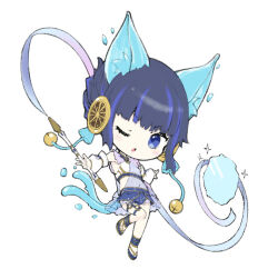 1girl animal_ear_fluff animal_ears blue_eyes blue_hair cat_ears cat_girl cat_tail chibi chibi_only commentary detached_sleeves duel_monster full_body holding knee_up light_blush looking_at_viewer multicolored_hair multiple_tails nakazawa_aki navel ni-ni_the_mirror_mikanko one_eye_closed parted_lips see-through_clothes short_hair simple_background solo streaked_hair tail two-tone_hair two_tails white_background yu-gi-oh!