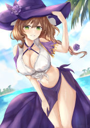 Rule 34 | 1girl, bare shoulders, beach, breasts, brown hair, cleavage, clothing cutout, commentary, genshin impact, green eyes, hand on headwear, hat, hato 74, highres, large breasts, leaning forward, lisa (genshin impact), long hair, looking at viewer, midriff, navel, palm tree, parted lips, purple hat, purple sarong, sarong, shoulder cutout, smile, solo, swimsuit, tree, witch hat