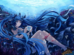 Rule 34 | 1girl, bare arms, bare legs, bare shoulders, barefoot, blue dress, blue eyes, blue hair, blue ribbon, breasts, bubble, dress, fish, hair ribbon, hatsune miku, layered dress, long hair, looking at viewer, matching hair/eyes, ribbon, shinkai shoujo (vocaloid), sitting, small breasts, smile, solo, twintails, underwater, very long hair, vocaloid, white crow