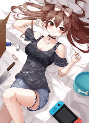 Rule 34 | 1girl, :3, absurdres, alternate costume, bare shoulders, bed sheet, black choker, blush, bow, bowl, box, breasts, brown hair, butcher knife, cardboard box, choker, cleavage, closed mouth, clothing cutout, collarbone, extra ears, feet out of frame, grey shorts, hair bow, hammer, highres, hololive, hsxxx, inugami korone, inugami korone (loungewear), knee up, lips, long hair, looking at viewer, lying, medium breasts, nintendo switch, official alternate costume, on back, on bed, pet bowl, print shirt, red eyes, scrunchie, severed finger, shirt, short shorts, short sleeves, shorts, shoulder cutout, smile, thigh strap, virtual youtuber, white bow, window shadow, wrist scrunchie
