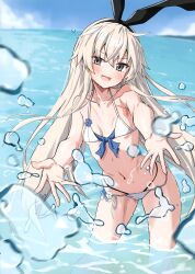 Rule 34 | 1girl, absurdres, bare shoulders, bikini, blonde hair, blue sky, blush, breasts, day, grey eyes, hair ornament, hairband, highres, kantai collection, long hair, looking at viewer, navel, ocean, open mouth, outdoors, scan, shimakaze (kancolle), shiny skin, simple background, sky, small breasts, smile, solo, splashing, stomach, swimsuit, takanashi kei (hitsujikan), thighs, water, water drop
