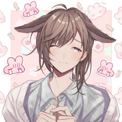 Rule 34 | 1boy, absurdres, animal ears, brown hair, cardigan, closed mouth, collared shirt, crying, crying with eyes open, extra ears, grey shirt, hair over one eye, highres, kanae (nijisanji), looking at viewer, male focus, mole, mole under eye, multicolored background, nijisanji, one eye covered, pink background, rabbit boy, rabbit ears, shirt, solo, tears, unhappy, virtual youtuber, wabiawabi, white background, white cardigan