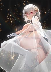 Rule 34 | 1girl, areola slip, azur lane, breast curtains, breasts, dress, feet, foreshortening, garter straps, gloves, hair between eyes, hair ornament, highres, large breasts, looking at viewer, looking back, no shoes, panties, panty peek, pantyshot, red eyes, ribbon-trimmed legwear, ribbon trim, see-through, short hair, sirius (azur lane), sirius (azure horizons) (azur lane), solar (happymonk), soles, solo, spread toes, thighhighs, thighs, toes, underwear, upskirt, white dress, white hair, white panties, white thighhighs