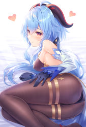 Rule 34 | 1girl, ahoge, armpits, ass, bare shoulders, bell, black gloves, black leotard, blue hair, blush, breasts, brown pantyhose, detached sleeves, dress, elbow gloves, ganyu (genshin impact), genshin impact, gloves, hand on own thigh, heart, highleg, highleg leotard, highres, horns, large breasts, leotard, long hair, looking at viewer, neck bell, pantyhose, purple eyes, smile, solo, thighs, tomo (tmtm mf mf), white dress