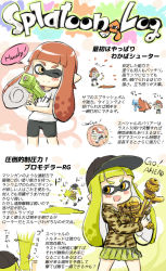 Rule 34 | &gt;:d, 2girls, :d, ;), blush, brown hair, camouflage, commentary request, copyright name, engiyoshi, english text, engrish text, green hair, highres, inkling, inkling girl, inkling player character, long hair, multiple girls, nintendo, one eye closed, open mouth, pleated skirt, pointy ears, ranguage, simple background, skirt, smile, splatoon (series), splatoon 1, splattershot jr (splatoon), squid, super soaker, tentacle hair, translation request, v-shaped eyebrows, yellow eyes