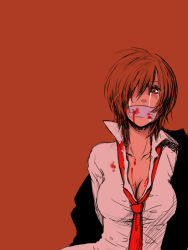 Rule 34 | 1girl, a-ka, blood, bound, breasts, brown eyes, brown hair, brown theme, cleavage, gag, gagged, improvised gag, large breasts, meiko (vocaloid), necktie, red theme, short hair, solo, tape, tape gag, tears, tied up, vocaloid