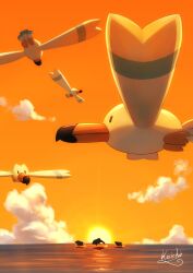 Rule 34 | absurdres, bird, closed mouth, cloud, commentary request, creatures (company), game freak, gen 3 pokemon, highres, kaichi (tomiyu25), nintendo, ocean, outdoors, palafin, pokemon, pokemon (creature), signature, silhouette, sky, sunset, water, wingull