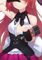Rule 34 | 1girl, black bow, bow, covering own eyes, gloves, head out of frame, highres, lishenna omen of destruction, long hair, microphone, morisobo, nipples, no bra, one breast out, open clothes, red hair, shadowverse, simple background, solo, sweatdrop, white background