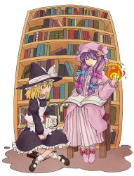 Rule 34 | 2girls, blonde hair, book, crescent hat ornament, female focus, hat, hat ornament, kannari, kirisame marisa, library, multiple girls, pajamas, patchouli knowledge, purple hair, ribbon, touhou, voile, witch, witch hat