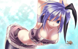 Rule 34 | 10s, 1girl, 2010, agarest senki, agarest senki (series), armpits, arms up, belt, blue background, blue eyes, breasts, cleavage, company name, copyright name, cowboy shot, game cg, highres, hirano katsuyuki, large breasts, leaning forward, midriff, navel, noah (agarest senki), official art, one eye closed, pantyhose, purple hair, short hair, shorts, side ponytail, smile, solo, stretching, wink
