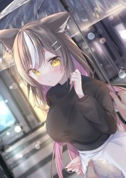 Rule 34 | 1girl, absurdres, animal ears, black sweater, blurry, blurry background, blush, breasts, brown hair, chisaka airi, city, commission, crosswalk, hair ornament, hairclip, highres, holding, holding towel, holding umbrella, kmr 7m, large breasts, looking at viewer, multicolored hair, night, outdoors, phase connect, pink hair, pov, pov hands, rain, second-party source, sidelocks, skeb commission, skirt, solo, sweater, towel, two-tone hair, umbrella, virtual youtuber, white hair, white skirt, wolf ears, wolf girl, yellow eyes