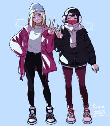 Rule 34 | 2023, 2girls, alternate costume, animification, black hair, blonde hair, blue eyes, bright pupils, cindy moon, closed eyes, commentary, earmuffs, full body, gwen stacy, highres, jacket, marvel, multiple girls, one eye closed, open clothes, open jacket, scarf, spider-man (series), standing, sushi pizza rrr, v, w, white pupils, winter clothes