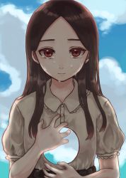 Rule 34 | 1girl, bad id, bad pixiv id, brown hair, crying, crying with eyes open, day, haluta, highres, hole in chest, hole on body, long hair, looking at viewer, original, outdoors, red eyes, short sleeves, solo, tears, upper body
