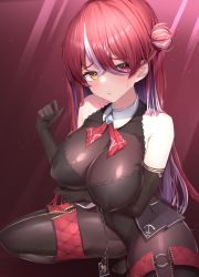 Rule 34 | 1girl, absurdres, arm under breasts, ascot, bare shoulders, black leotard, blush, breasts, brown pantyhose, cleavage, closed mouth, elbow gloves, gloves, hair bun, hand up, heterochromia, highres, hololive, houshou marine, houshou marine (marching band), large breasts, leotard, long hair, looking at viewer, multicolored hair, nai (cnoadi8), official alternate costume, pantyhose, pout, raised eyebrows, red background, red eyes, red hair, see-through, see-through cleavage, solo, squatting, straight hair, streaked hair, sweatdrop, thighs, two-tone hair, very long hair, virtual youtuber, white hair, wing collar, yellow eyes