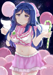 Rule 34 | 1girl, absurdres, artist name, artist request, bare shoulders, blue hair, blush, bow, breasts, candy, candy cane, cleavage, collarbone, collared shirt, crescent print, dress, female focus, flower, food, frilled dress, frills, galaxy hide and seek, green flower, hair between eyes, hair bow, hair ornament, highres, hiyokomametya, holding, holding candy, holding candy cane, holding food, long hair, looking at viewer, love live!, love live! school idol festival, love live! sunshine!!, matsuura kanan, medium breasts, moon print, navel, night, night sky, outdoors, parted lips, pink balloon, pink bow, pink skirt, ponytail, purple eyes, shirt, shooting star, skirt, sky, smile, solo, striped clothes, striped dress, upper body, vertical-striped clothes, vertical-striped dress, white shirt, white wings, wings