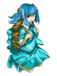 Rule 34 | 1girl, backpack, bad id, bad pixiv id, bag, blue eyes, blue hair, blush, boots, female focus, full body, hair bobbles, hair ornament, highres, kawashiro nitori, kneeling, konnanottenaiyo, matching hair/eyes, no headwear, open mouth, oshake, short hair, simple background, skirt, skirt set, sleeves rolled up, solo, touhou, twintails, two side up, white background