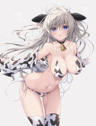 Rule 34 | 1girl, :q, animal ears, animal print, bare shoulders, bell, bikini, black nails, blue eyes, blush, breasts, brown hair, cleavage, closed mouth, collar, collarbone, cow ears, cow girl, cow horns, cow print, cow tail, cowbell, fingernails, hair between eyes, halterneck, highres, horns, large breasts, long hair, long sleeves, looking at viewer, midriff, nail polish, navel, neck bell, original, revision, sidelocks, simple background, smile, solo, stomach, swimsuit, tail, tanihara natsuki, tongue, tongue out, twitter username, very long hair, white background, white bikini