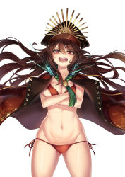 Rule 34 | 1girl, bikini, black hair, breasts, cape, cenangam, cleavage, cowboy shot, crest, crossed arms, family crest, fate/grand order, fate (series), floating hair, gluteal fold, hat, headphones, headphones around neck, highres, long hair, looking at viewer, lowleg, lowleg bikini, medium breasts, military, military uniform, navel, oda nobunaga (fate), oda nobunaga (koha-ace), oda nobunaga (swimsuit berserker) (fate), oda nobunaga (swimsuit berserker) (second ascension) (fate), oda nobunaga (swimsuit berserker) (third ascension) (fate), open mouth, peaked cap, red bikini, red eyes, round teeth, side-tie bikini bottom, simple background, smile, solo, standing, stomach, swimsuit, teeth, uniform, upper teeth only, white background