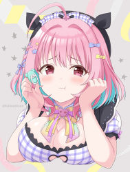 Rule 34 | 1girl, :t, ahoge, beret, black hat, blue hair, blush, bow, breasts, cleavage, closed mouth, commentary request, cropped torso, grey background, hair bow, hair intakes, hair ornament, hands up, hat, holding, idolmaster, idolmaster cinderella girls, idolmaster cinderella girls starlight stage, kaiware-san, large breasts, looking at viewer, multicolored hair, pink hair, plaid, plaid bow, puffy short sleeves, puffy sleeves, purple bow, red eyes, short sleeves, solo, star (symbol), star hair ornament, two-tone hair, upper body, wavy mouth, yellow bow, yumemi riamu