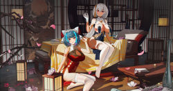 Rule 34 | 2girls, absurdres, alternate costume, animal ears, aqua hair, azur lane, blue eyes, blue hair, braid, branch, breast curtains, breasts, cherry blossoms, cheshire (azur lane), china dress, chinese clothes, chromatic aberration, cleavage, cleavage cutout, clothing cutout, dated, dress, fake animal ears, full body, garter straps, gloves, grey dress, hair between eyes, highres, indoors, large breasts, looking at viewer, mr-mc, multiple girls, official alternate costume, pelvic curtain, petals, purple eyes, revealing clothes, see-through sleeves, see-through, side braid, signature, sirius (azur lane), sirius (azure horizons) (azur lane), sitting, sleeveless, sleeveless dress, thighhighs, white gloves, white hair, white legwear