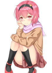 Rule 34 | 1girl, arm on knee, arm up, black socks, blush, commentary request, hair ornament, hairband, hand on own face, heart, heart hair ornament, highres, kasumasu (tales75), kneehighs, knees to chest, knees together feet apart, komeiji satori, looking at viewer, pink eyes, pink hair, purple scarf, red footwear, red skirt, scarf, shadow, short hair, simple background, sitting, skirt, sleeves past fingers, sleeves past wrists, smile, socks, solo, sweater, tearing up, tears, touhou, white background, wiping tears