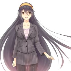 Rule 34 | 10s, 1girl, :d, alternate costume, bad id, bad pixiv id, black hair, black pantyhose, brown eyes, collarbone, eko, formal, hairband, haruna (kancolle), jacket, kantai collection, long hair, looking at viewer, office lady, open mouth, pantyhose, pencil skirt, pinstripe pattern, pinstripe suit, skirt, skirt suit, smile, solo, striped, suit, very long hair