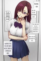 Rule 34 | 1girl, bow, bowtie, commentary, earrings, english commentary, english text, hand to own mouth, hard-translated, highres, jewelry, medium hair, original, potato iida, school uniform, skirt, smile, speech bubble, tagme, text focus, third-party edit, translated