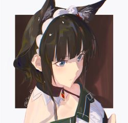 Rule 34 | 1girl, animal ear fluff, animal ears, blue eyes, brown background, brown hair, cat ears, closed mouth, collarbone, commentary, darah, detached collar, expressionless, genshin impact, highres, katheryne (genshin impact), maid headdress, shirt, short hair, solo, twitter username, upper body, white background, white shirt