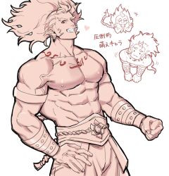 Rule 34 | 1boy, :3, abs, armband, bara, belt, bucchigiri?!, chibi, chibi inset, grin, hand on own hip, heart, highres, l m00g, long hair, looking at viewer, male focus, manly, mature male, muscular, muscular male, nipples, pants, pectorals, ponytail, red eyes, red theme, senya (bucchigiri?!), simple background, smile, smirk, solid circle eyes, solo, tattoo, teeth, thick arms, thick eyebrows, topless male, translation request, veins, white background, wristband