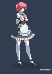Rule 34 | 1girl, alternate costume, angry, animal print, apron, artist name, black bow, black bowtie, black dress, black footwear, bob cut, bow, bowtie, cat print, clenched teeth, closed eyes, commentary, crossed arms, doki doki literature club, dress, dress bow, english commentary, enmaided, footwear bow, frilled apron, frilled dress, frills, full body, grey background, hair ornament, hair ribbon, maid, mary janes, nastpaper, natsuki (doki doki literature club), parted lips, pink hair, pixel art, puffy short sleeves, puffy sleeves, red ribbon, ribbon, shadow, shoes, short hair, short sleeves, solo, standing, swept bangs, teeth, thighhighs, tsundere, twitter username, two-tone dress, two side up, v-shaped eyebrows, white apron, white dress, white thighhighs, wrist cuffs, x hair ornament, zettai ryouiki