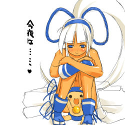 Rule 34 | 1girl, bare shoulders, blue eyes, blunt bangs, blush, champuru, collarbone, creature, crossed arms, hairband, knees to chest, knees up, looking away, majikina mina, samurai spirits, simple background, snk, solo, white background, white hair