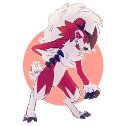 Rule 34 | artist name, claws, colored sclera, commentary, creatures (company), english commentary, full body, game freak, gen 7 pokemon, lycanroc, lycanroc (midnight), miyaulait, nintendo, no humans, pokemon, pokemon (creature), red eyes, red sclera, solo, standing, teeth, watermark